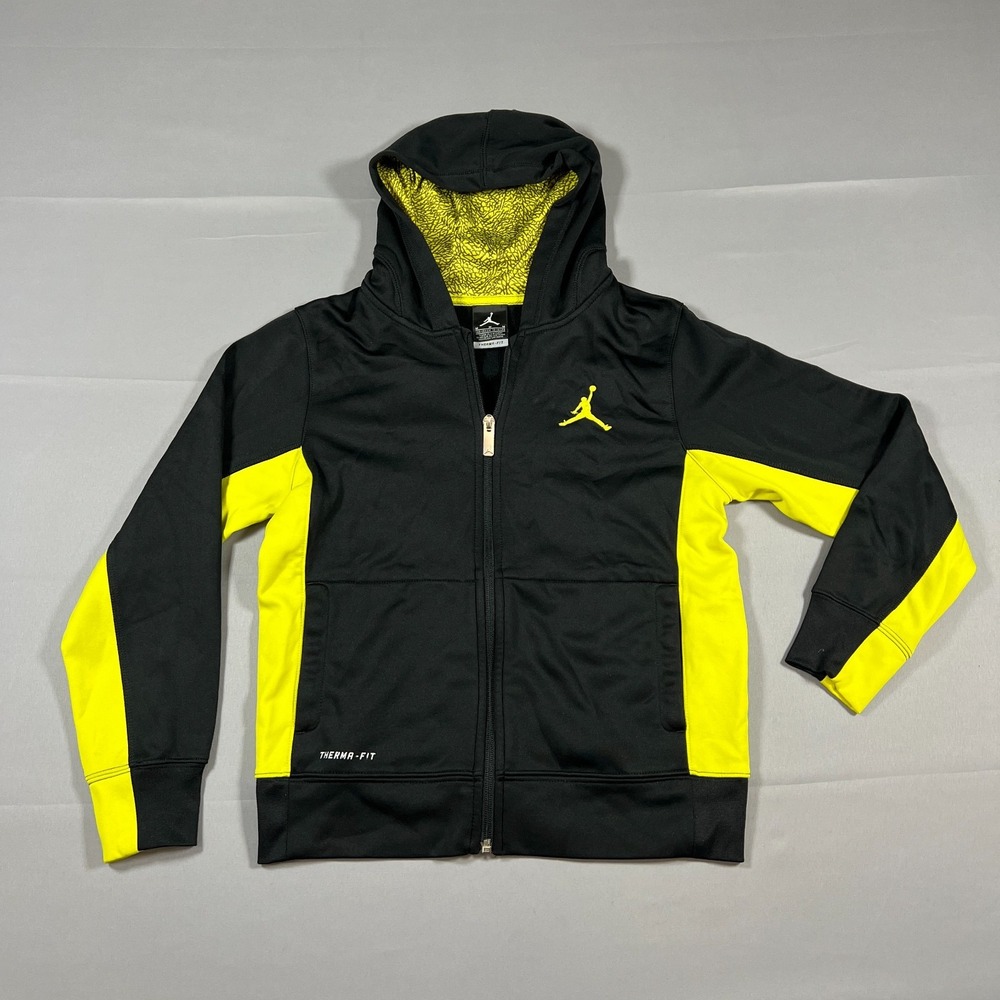 Jordan Therma Fit Hoodie Boys M 10-12 Black Yellow Fleece Lined Logo Full Zip